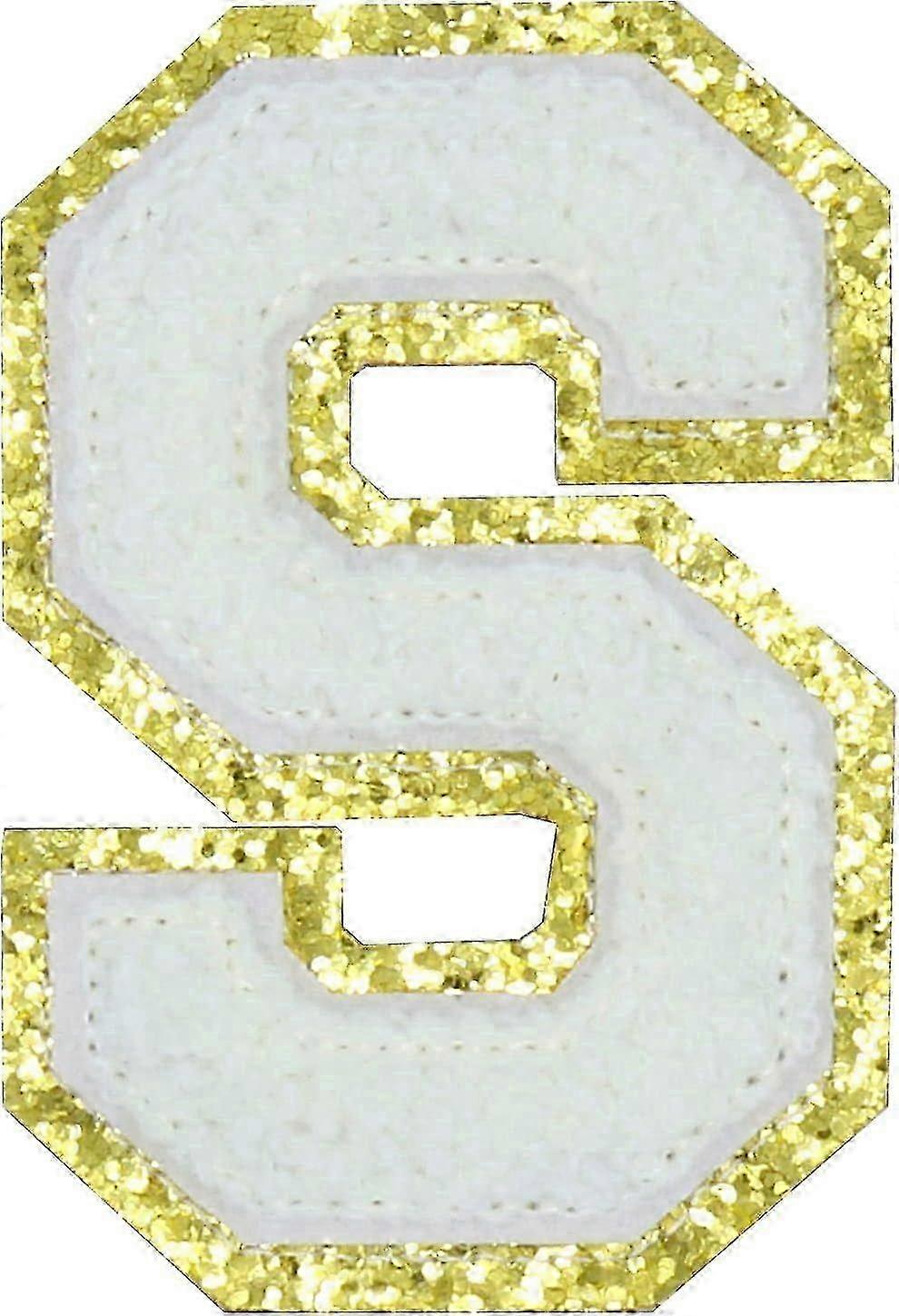 Alphabet S Iron-On Repair Patches for Clothing, Decorative Badges with Glittering Gold Border, Adhesive Backing for Easy Application
