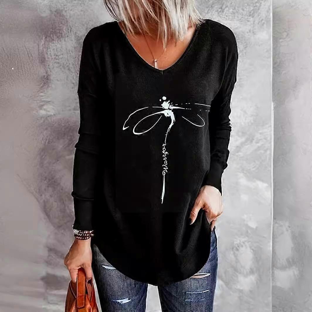 Spring and Autumn Women's Long Sleeve Top Bamboo Dragonfly V-Neck Loose Blouse