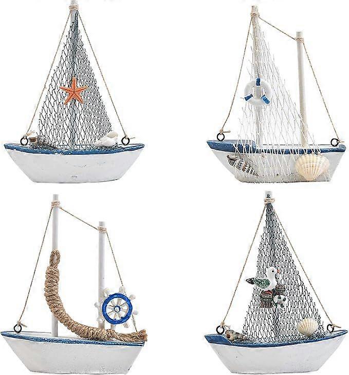 4PCS Mini Sailboat Model Decoration Wooden Miniature Sailing Boat Home Decor Set, Beach Nautical Design, Navy Blue and White