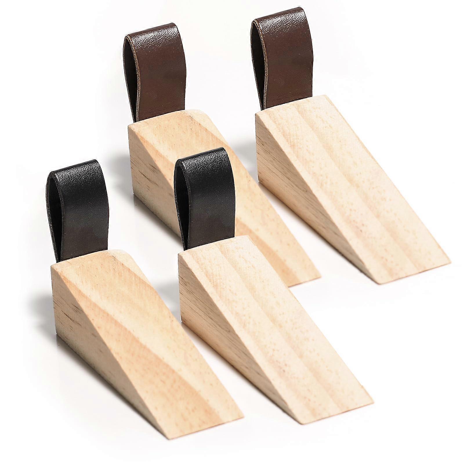Wooden Wedges Door Stopper Set of 4 with Leather Handle 10x3x3 cm