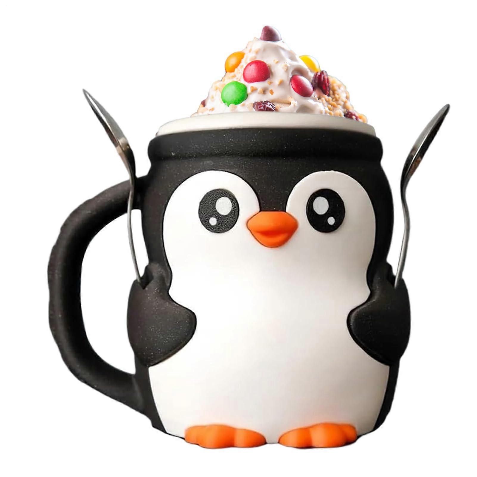 Ice cream pint container, 3Dprinted penguin pint holder with antifreeze grip and two spoons