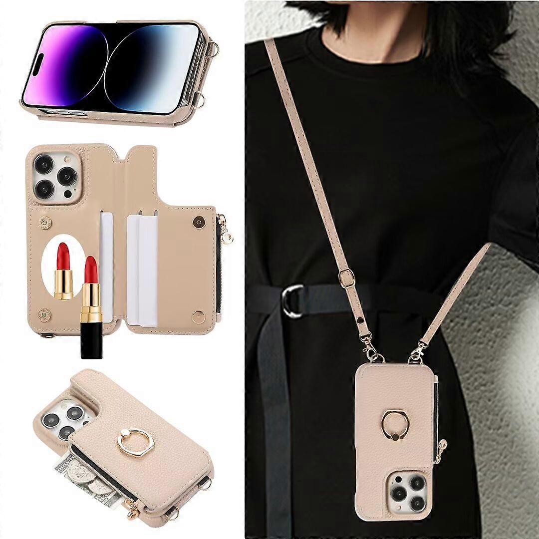 Case For Iphone 14 Pro Khaki Japanese And Korean Zipper Crossbody Multi-card Ring Solid Men's No5832