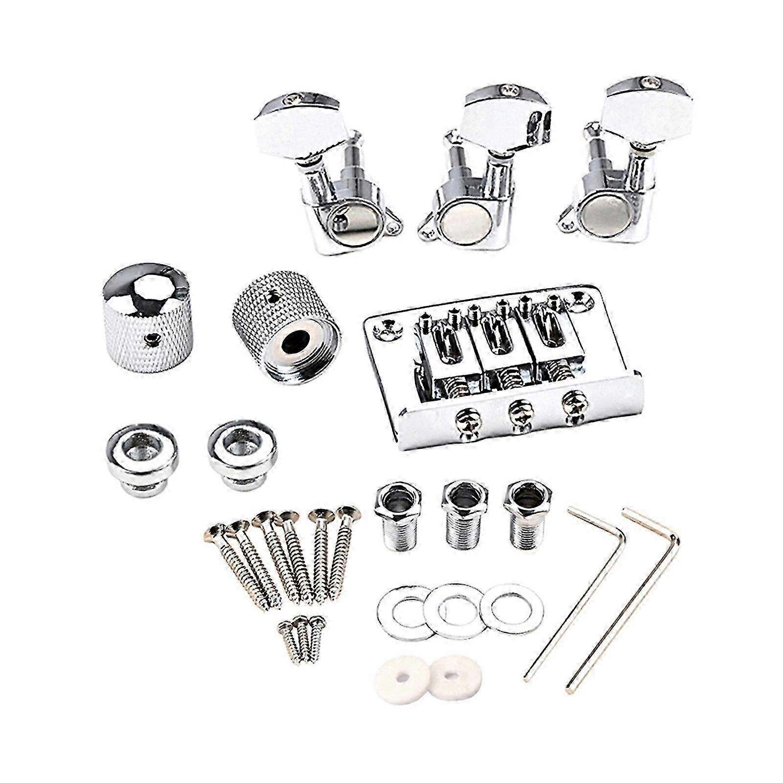 3 String Guitar Bridge Assembly With Locking Tuning Pegs Control Knobs Hardware For Repairs And Custom Builds