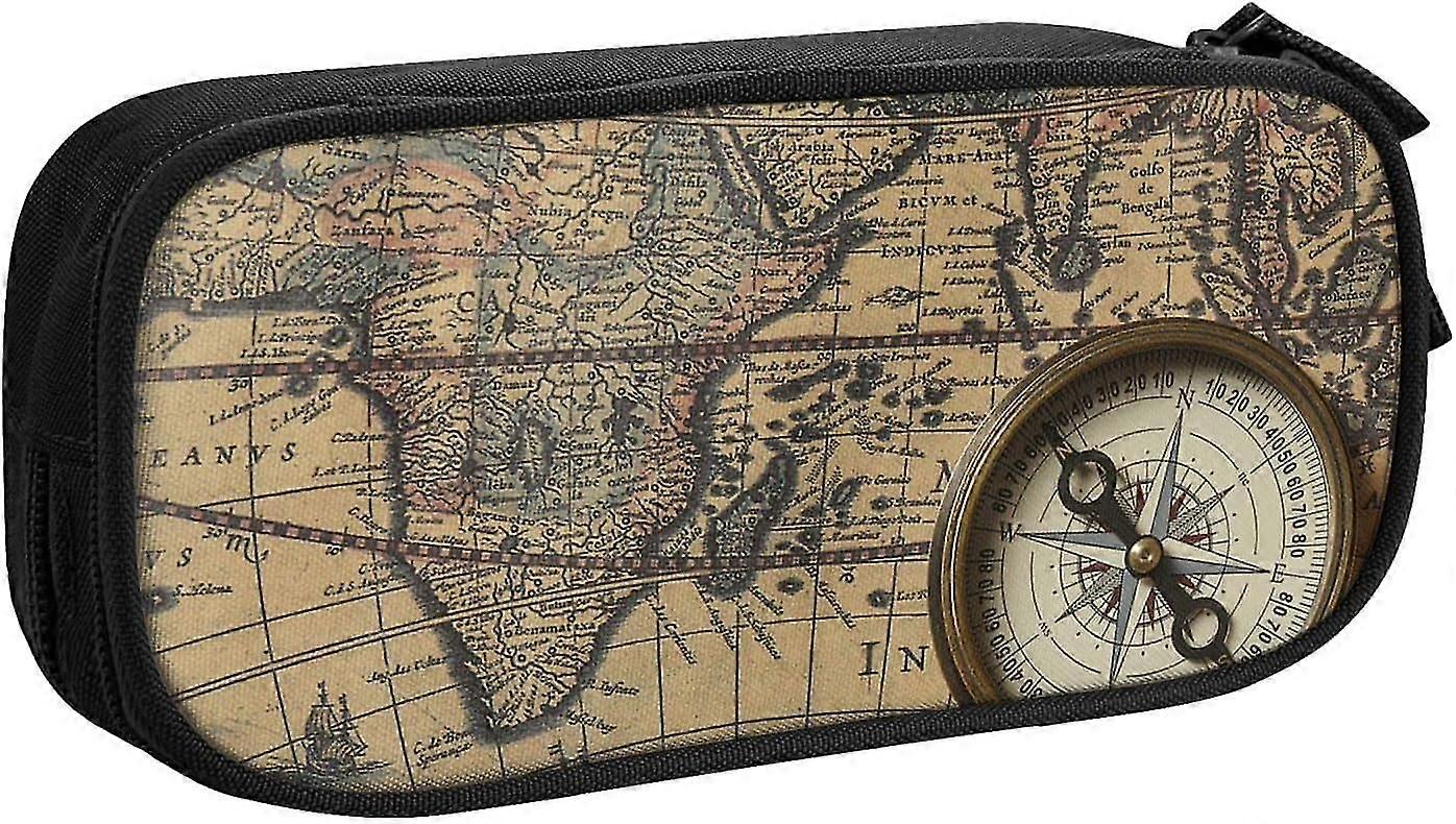 ​Vintage Map Compass Design Pencil Case Large Capacity Dual Zipper Stationery Organizer With Multiple Compartments​