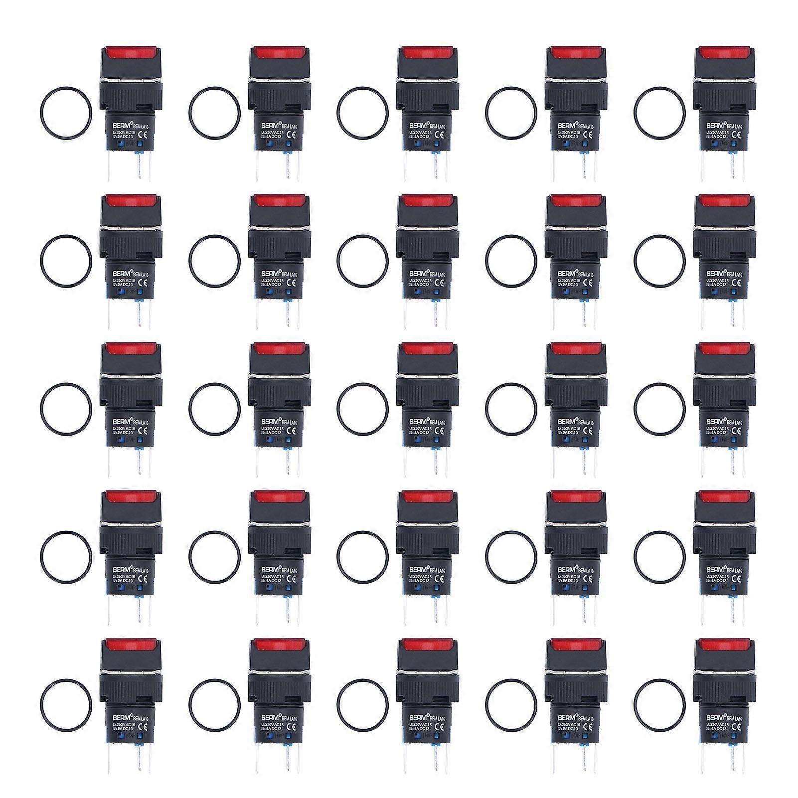 25Pcs Push Button Switch Momentary Self Locking 16mm Square with Light Set Kit 12VRed