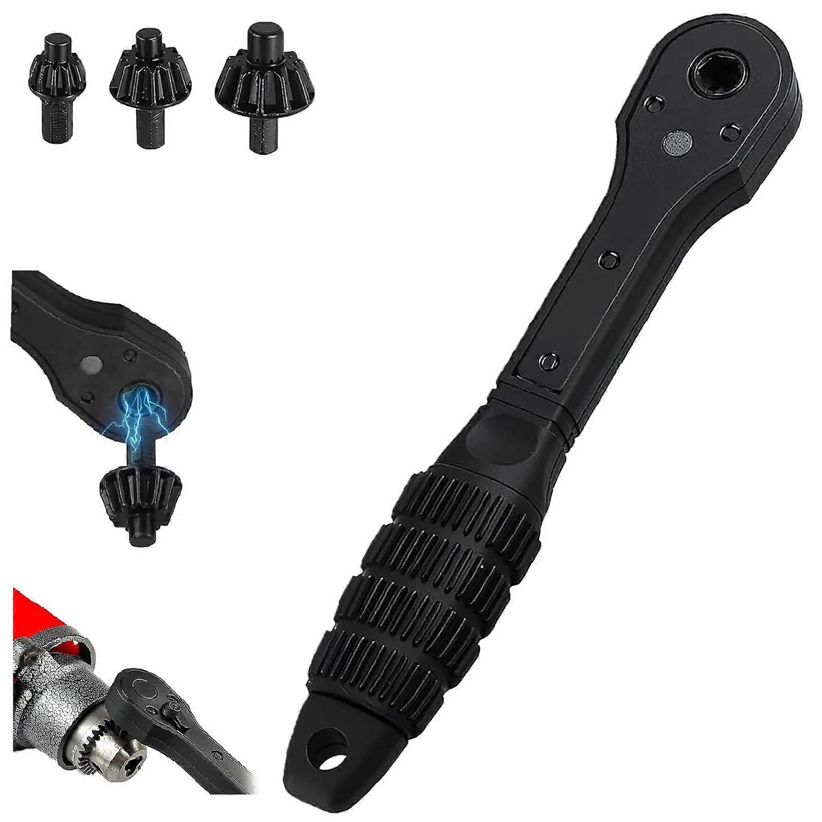 2 in 1 Drill Chuck Ratchet Spanner - Carbon Steel Key Wrench with Non-Slip Handle for Electric Drills, 3 Sizes, Black