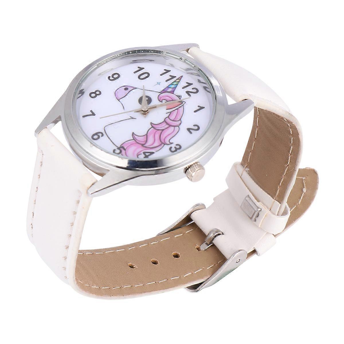 Unique Watch For Kids Unicorn Pattern White Leather Band Time Keeping Function 1Pcs