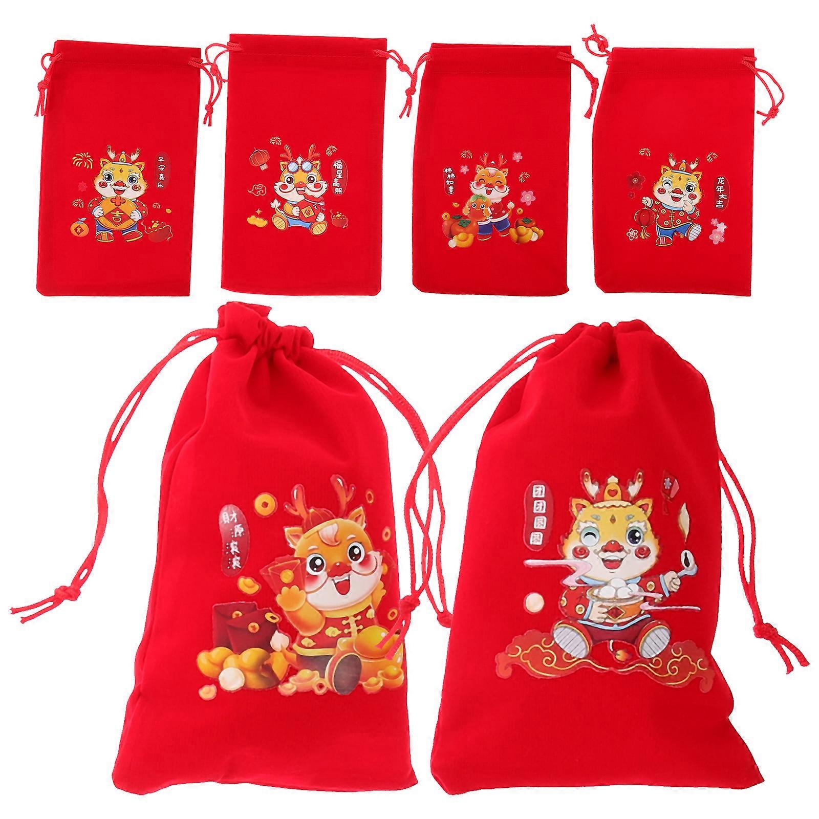 Chinese Style Drawstring Design Gift Bag For Wedding Parties Red Rectangular Packaging 6Pcs
