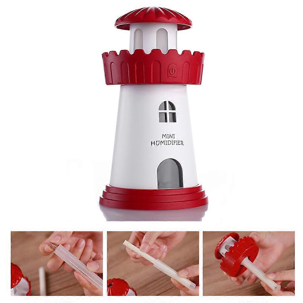 Red Creative Lighthouse 150ml Air Humidifier with LED Light USB Mini Portable Aroma Diffuser for Office and 2pcs