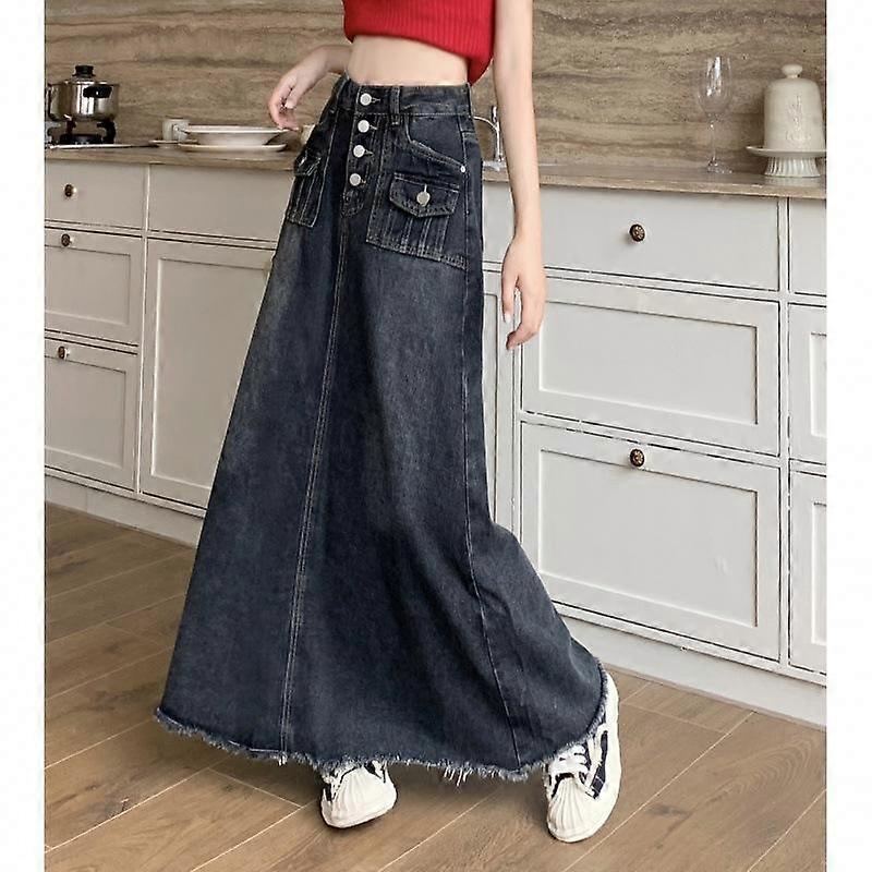 Efterår og vinter Kvinders Plus Size Denim nederdel Sub Medium Lang Nederdel Spænde Raw Edge A-line Nederdel