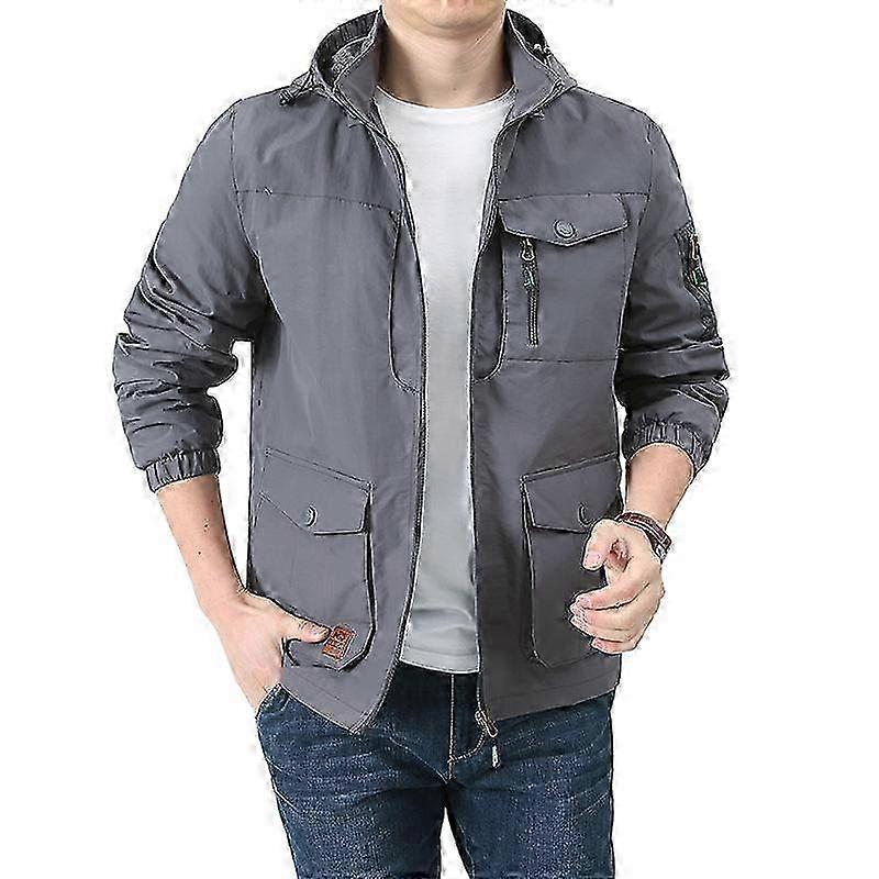 Multi-pocket jacket for men with loose fit and detachable hood