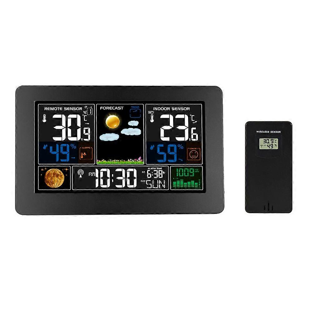 3-In-1 Weather Station Clock Wall-Mounted Digital Clock Thermometer Hygrometer Barometer Indoor Outdoor Color Screen Clock with RF Transmitter Electro