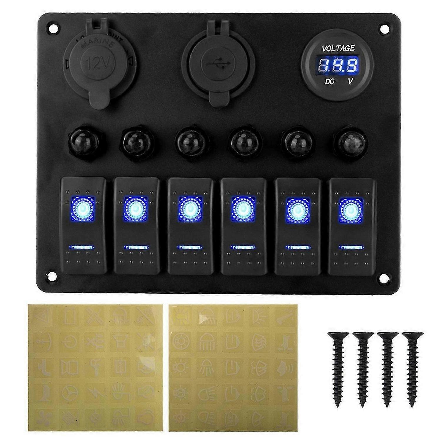 Universal Car RV 6 Switch Panel 12/24V Rocker Panel Voltmeter C
