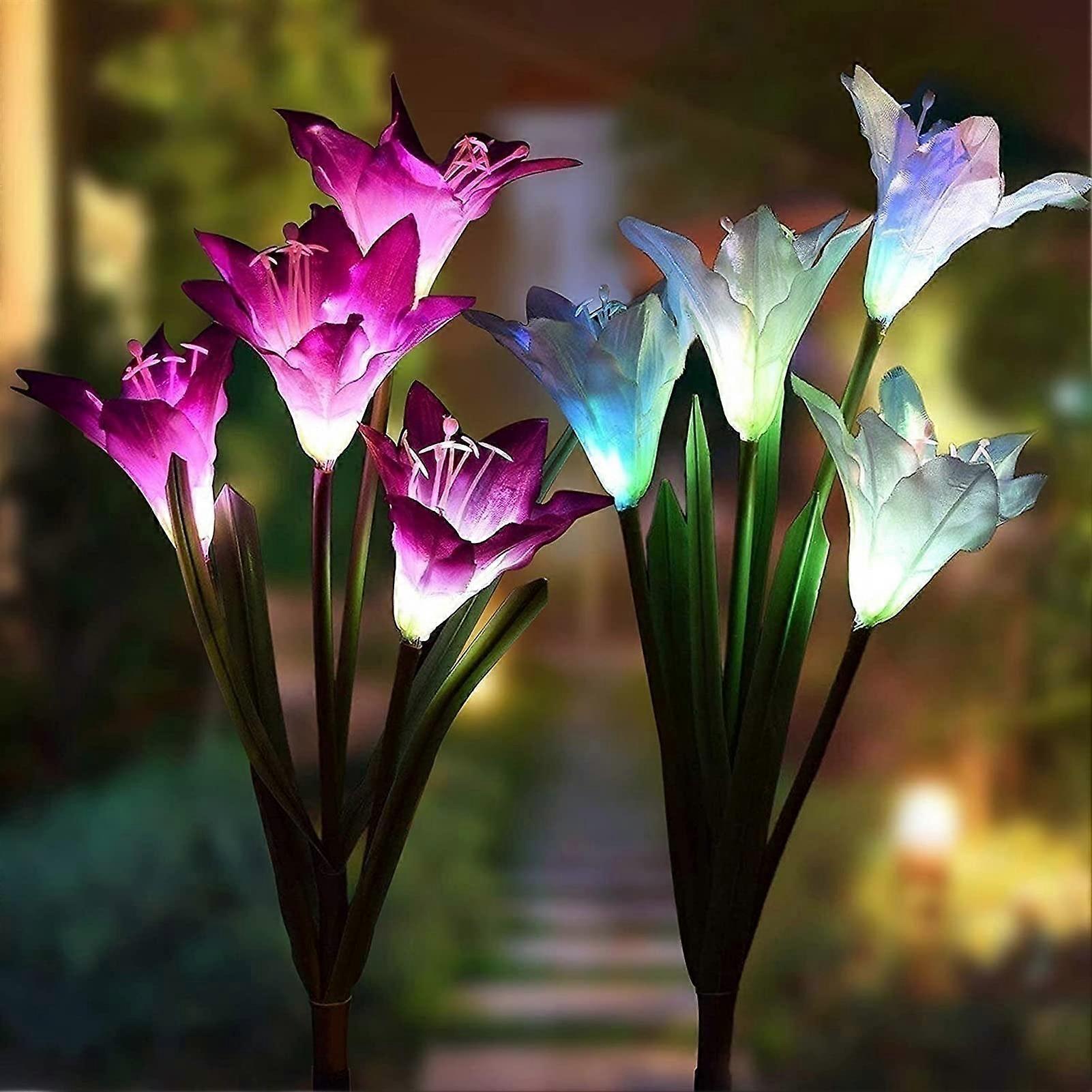 Outdoor Solar Stake Lights, Waterproof Lily Garden, 2 Sets With 8 Flower Heads, Multi-Color Changing LEDs for Garden