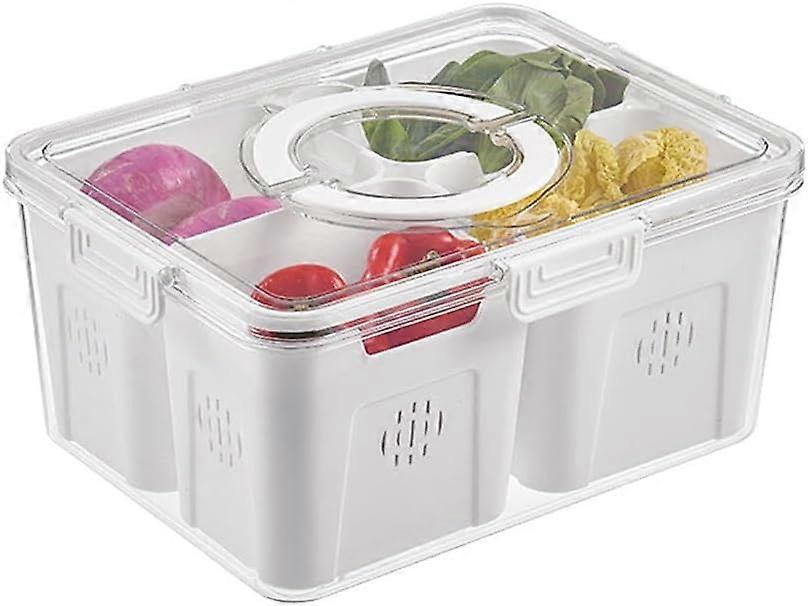Fridge Organizer Bins with Lids and Handle, Stackable Plastic Vegetable Storage Bins with Removable Colander, 3 Grid Design