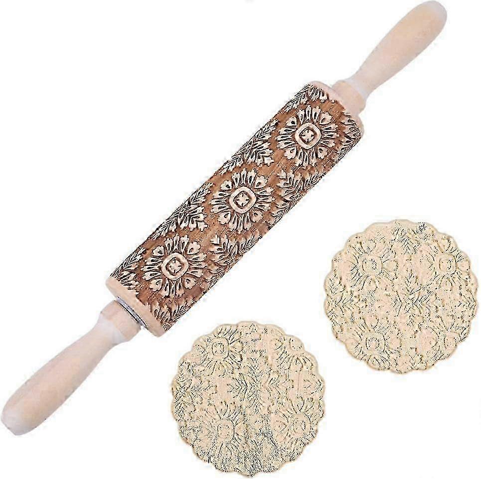 Embossed Wooden Rolling Pin Flower Print 35cm Rolling Pin for Baking Biscuits 3D Pattern DIY Kitchen Tool Baking Accessories Homemade Bakery