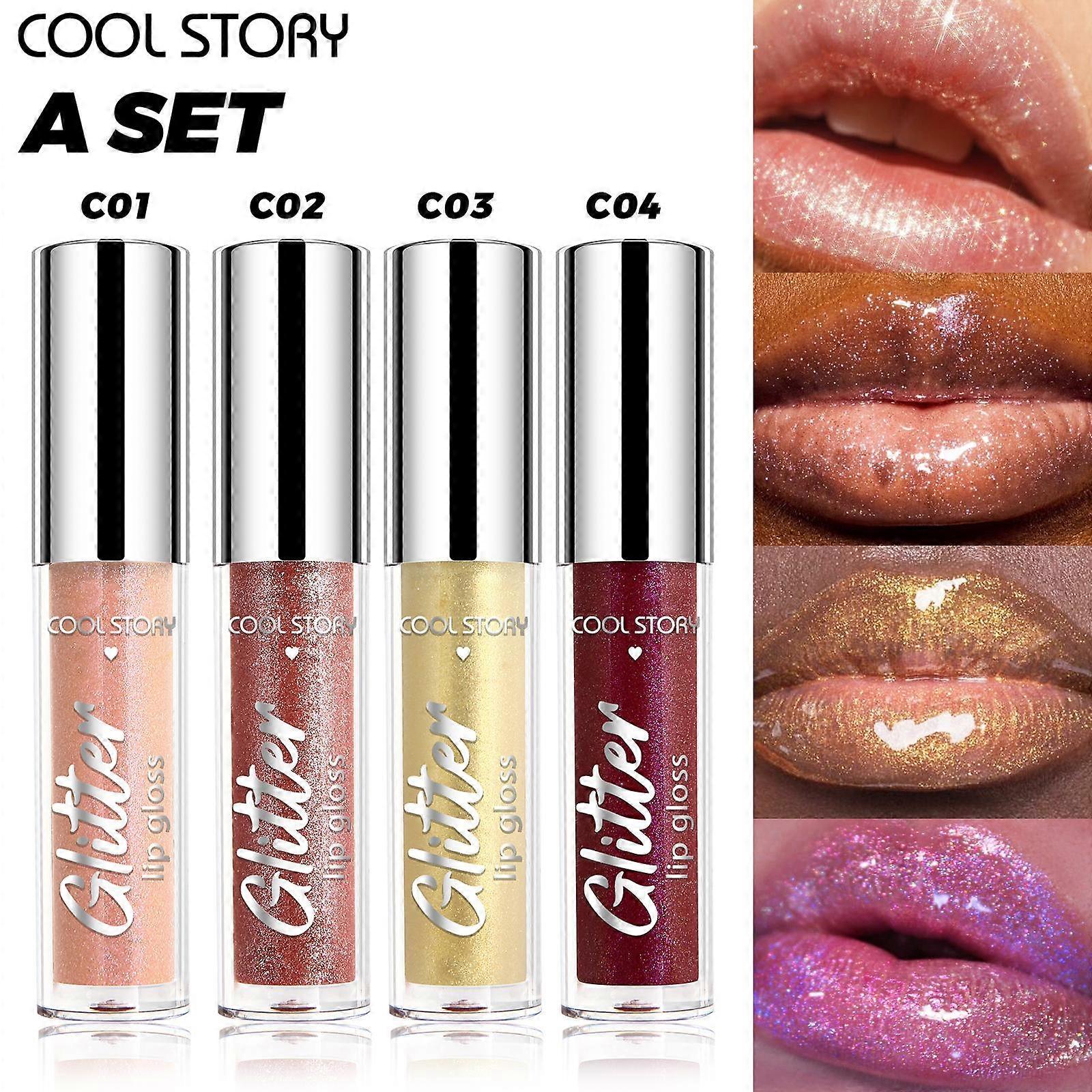 4 Pearlescent Sparkling Lip Gloss Set, 3D Dazzling Polarized Liquid Fine Sparkling Lip Cosmetics, Long-lasting Non-stick Cup Lip Gloss Set