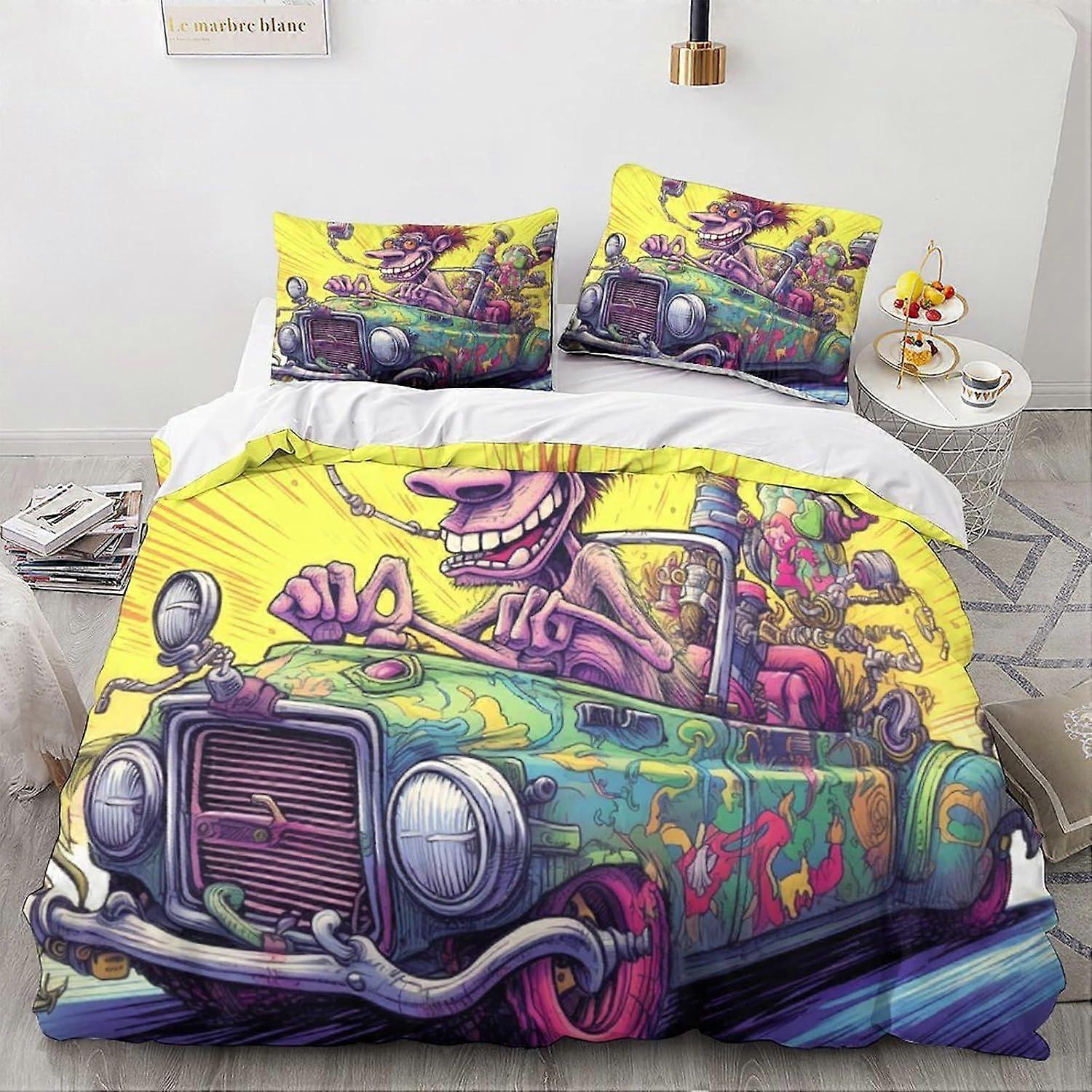 LikeEj Monster لحاف غطاء خمر نمط السيارة مطبوع غطاء لحاف الفراش مع إغلاق سحاب ، مجموعة فراش كرتون ناعمة من الألياف الدقيقة