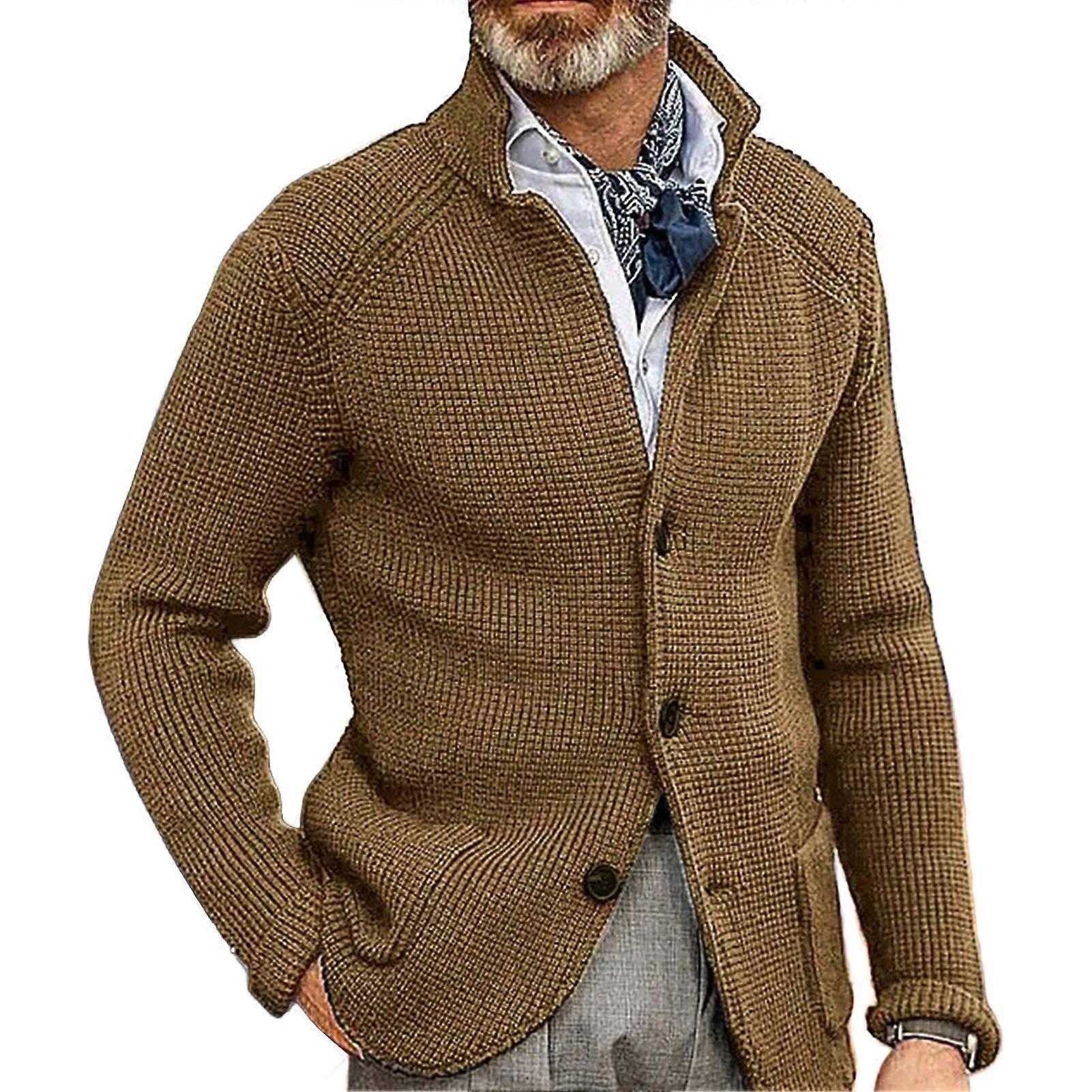 Men Sweater Coat with Dual Pockets Single-breasted Knit Elastic Long Sleeves Turn-down Collar