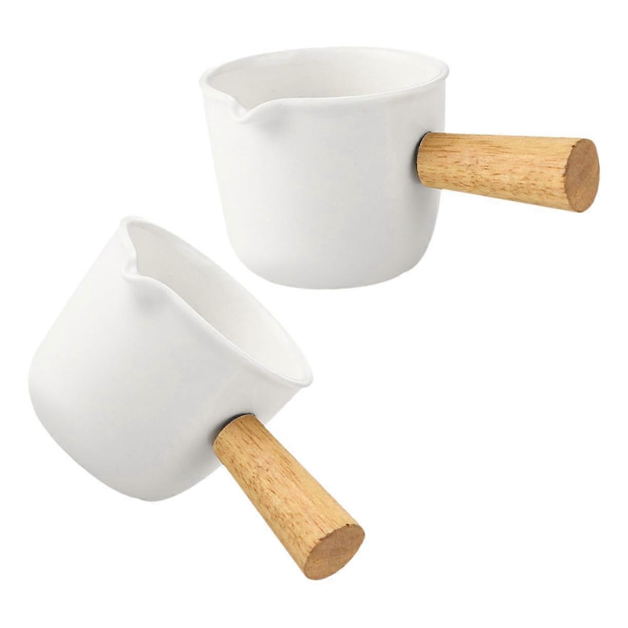 Mini Ceramic Milk Jug Set of 2 White Porcelain Creamer Pitchers with Wooden Handle for Coffee and Sauces