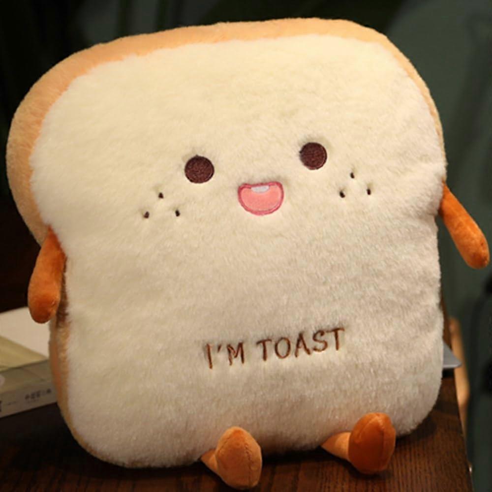 Plush Toast Pillow with Hand Warmer Pockets, Cute Bread Shaped Cushion for Napping, Brown 15.7'x13.7'