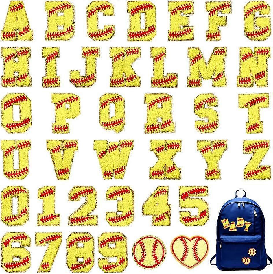 38 pcs Letter Numbers Patches Ball Softball Patches Iron on Letter Chenille Patches Gold Baseball Style Embroidered Patches for Clothes Backpack Hats 