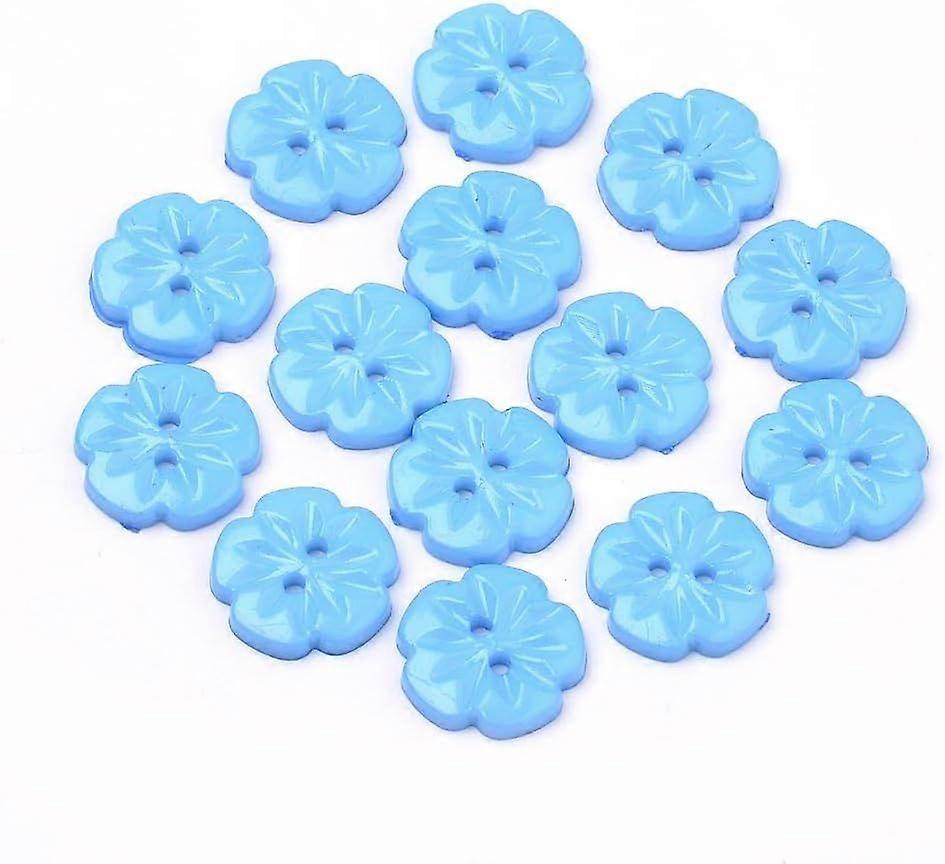 100Pcs 2 Holes Acrylic Buttons Flower Dodger Blue 0.59x0.1 Inches