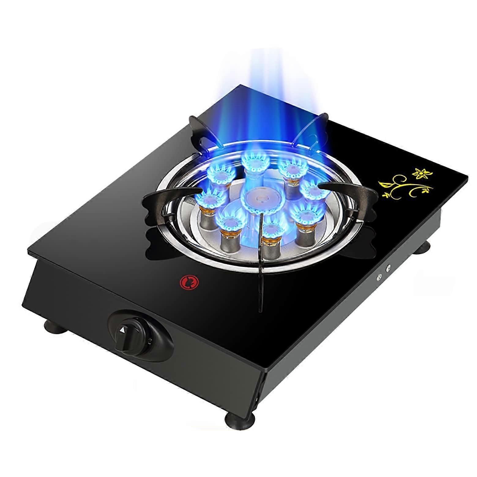 Portable Single Burner Gas Stove with Precise Flame Control, Black Tempered Glass Tabletop for Camping