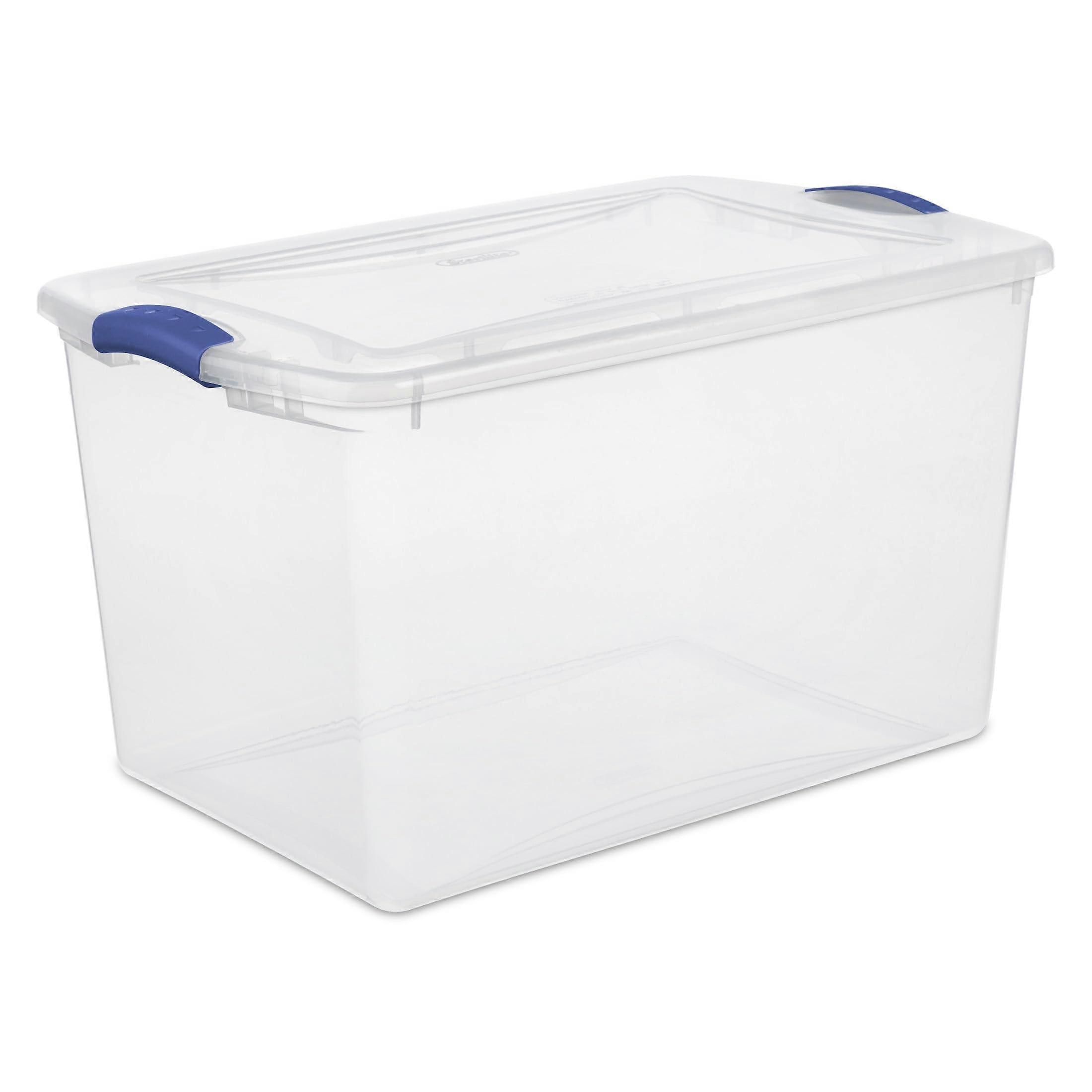 Large Clear Plastic Storage Bin 66 Quart with Secure Blue Latch Lid Stackable for Home Organization