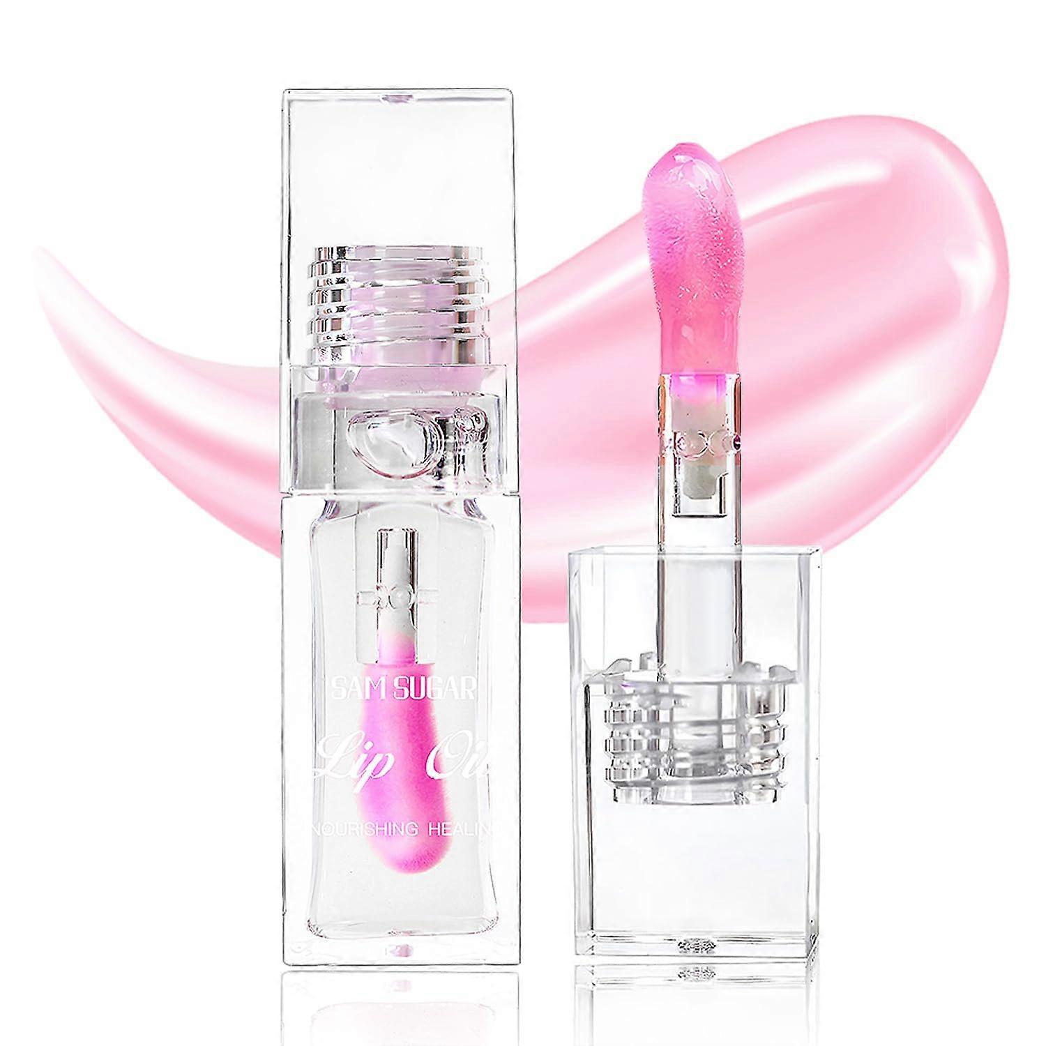 Color Changing Lip Oil Clear to Pink with Big Brush Applicator, Long Lasting Hydrating Lip Gloss