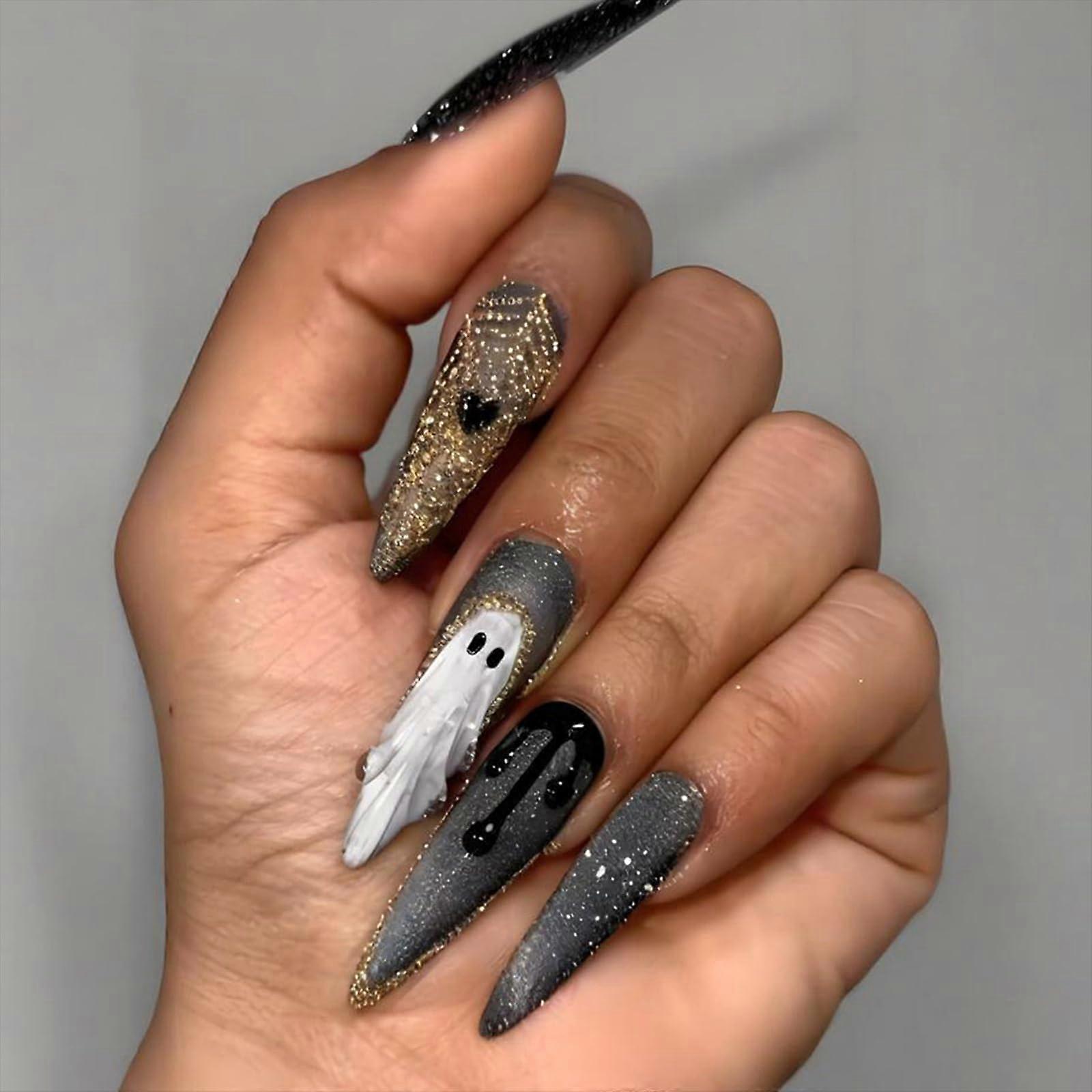 24Pcs Long Stiletto Halloween Press On Nails with Ghost Spider Web Design, Reusable False Nails