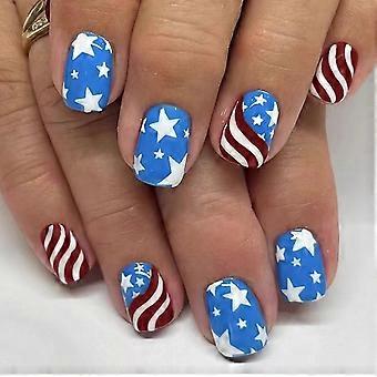 Lot de 24 faux ongles carrés courts à coller, motif drapeau américain, pour le 4 juillet. Capsules acryliques patriotiques.