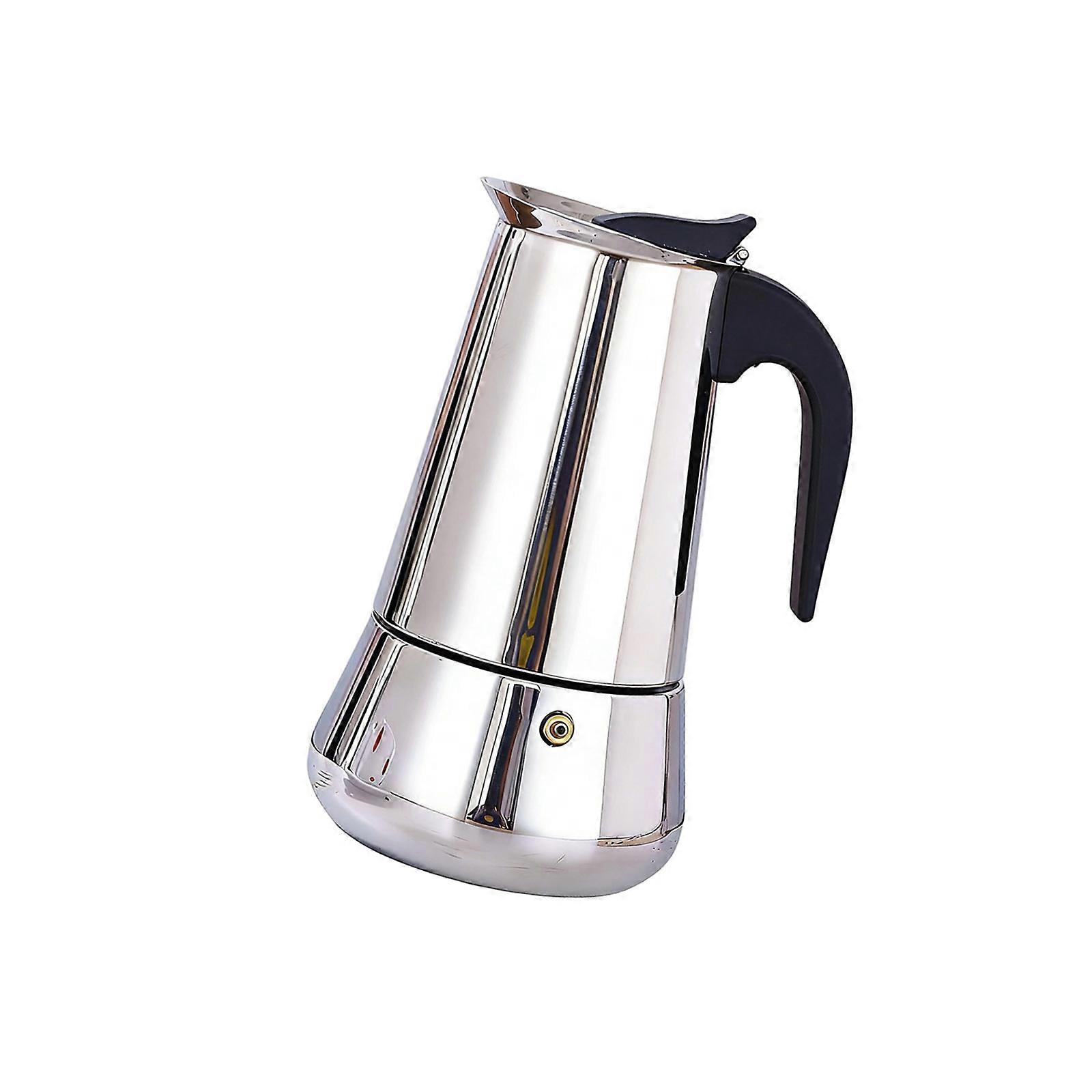 Cafetière Moka en acier inoxydable avec poignée ergonomique, idéale pour la maison et le camping.
