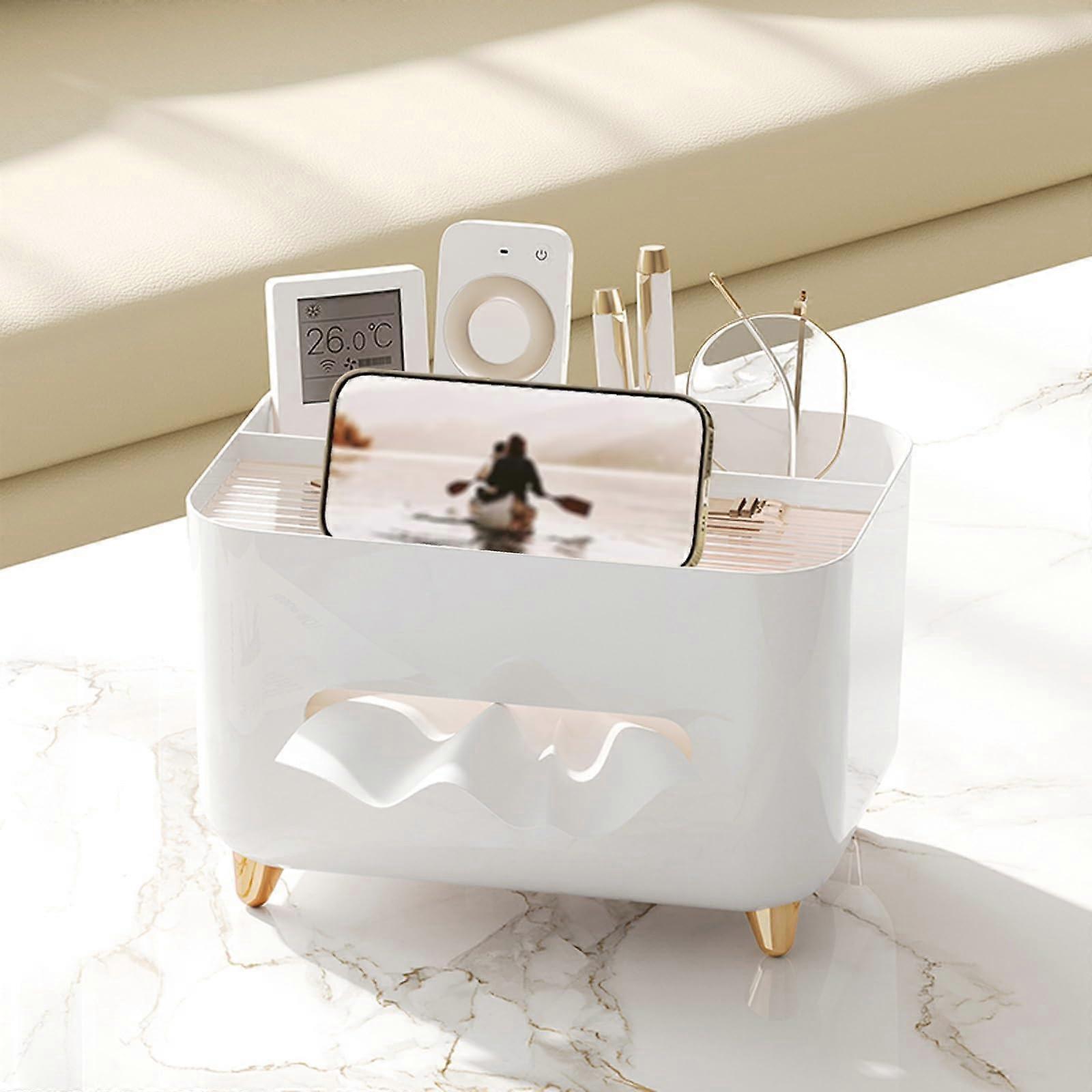 Tissue Box Organizer with Storage and Phone Stand, White Rectangular Holder for Home Office