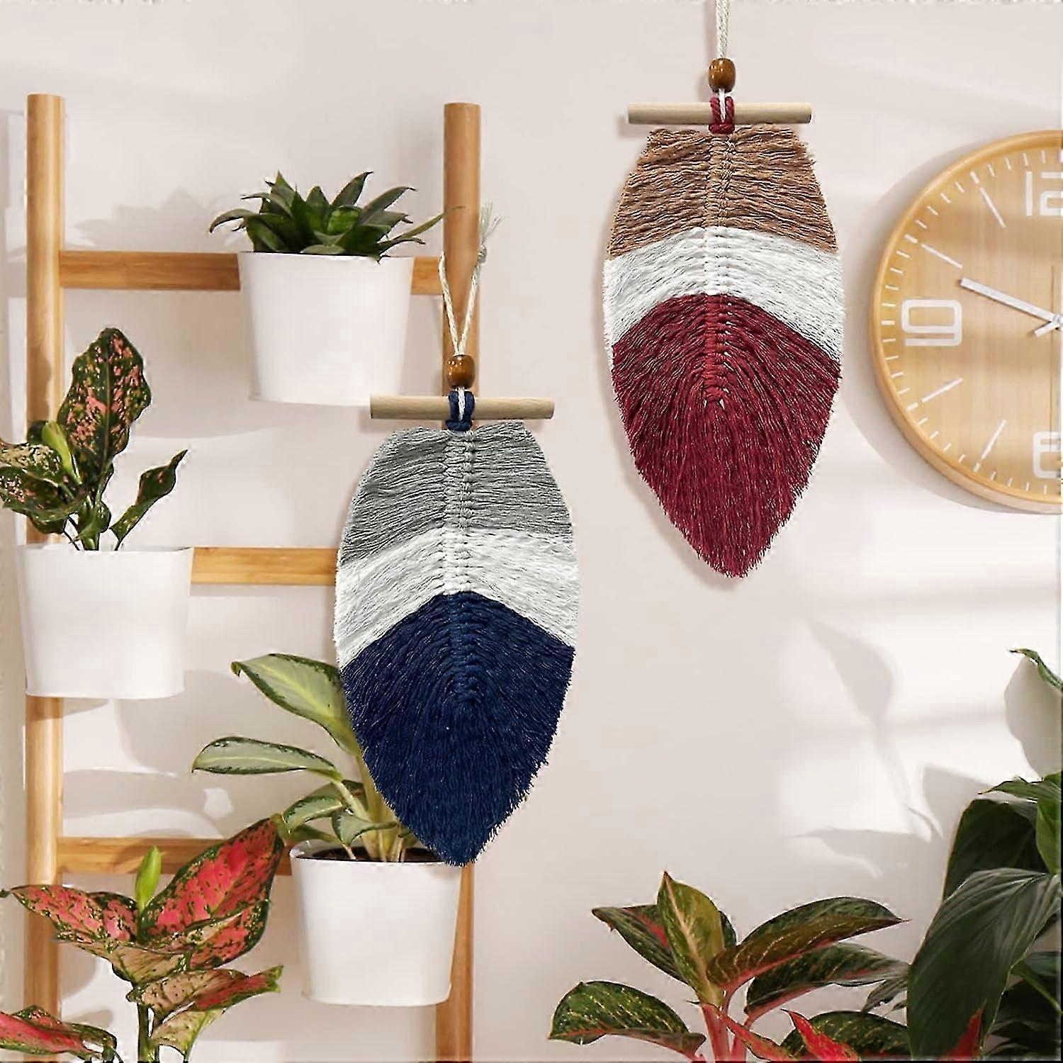 Boho Leaf Wall Decor, 2 Pieces Macrame Feather Leaf Hanging