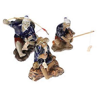 Fisherman Ornaments Decorative Figurines for Aquarium 3Pcs Ceramic Set