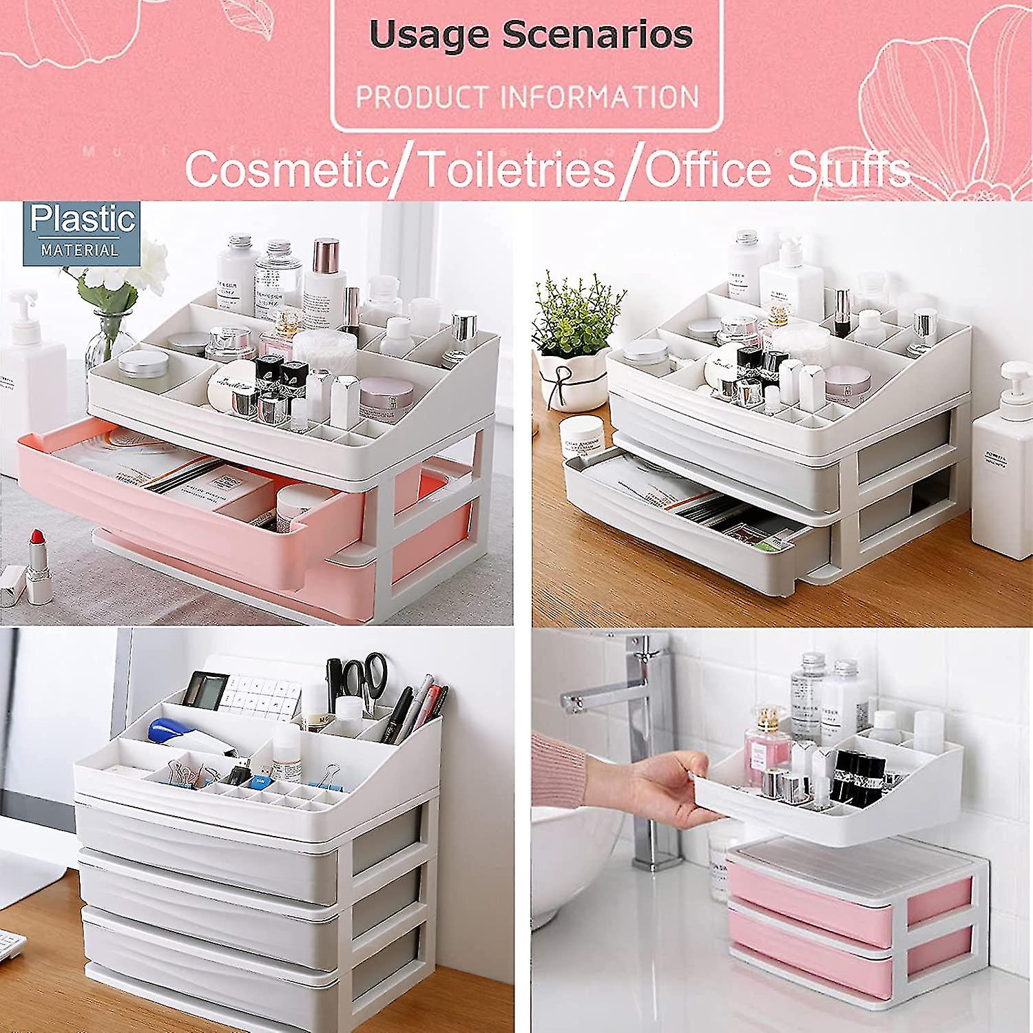Cosmetic Makeup Organizer With Drawers Plastic Bathroom Counter Storage Box Brush Lipstick Holder