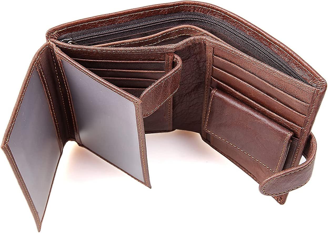 Grote blokkerende drievoudige billfold echt lederen portemonnee voor mannen, 3 ID Windows Snap Closure Design Kaarthouder met 11 kaartsleuven en muntzak