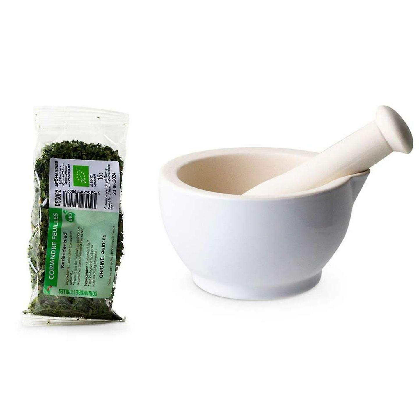 White Stoneware Mortar and Pestle + Organic Coriander Leaves - 15 g