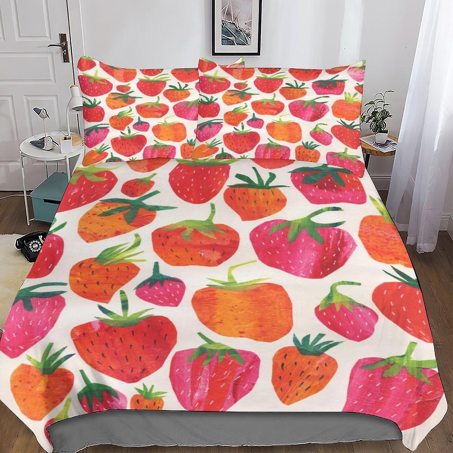 HOUKIG Cute Fruits Strawberry Dimensional Printed Microfibre Duvet Cover And Sheet Set, Soft And Beautiful Microfibre Pillowcases, with Invisible Zip,