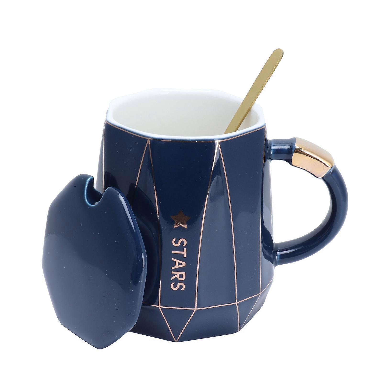 Copo de cerâmica com tampa colher 400ml estilo nórdico chá caneca de café drinkware para home officeblue