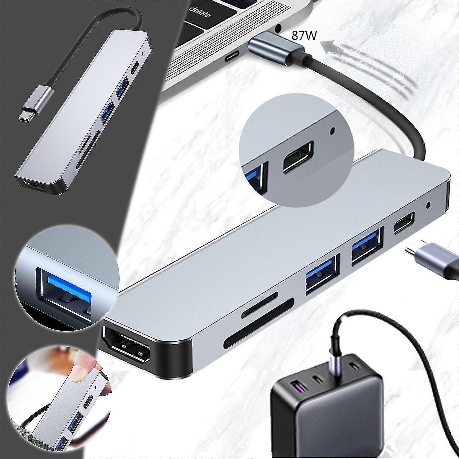 6-in-1 Type-c Network Hub Multi-splitter Adapter With Hdmi + Pd + Sd + Tf + Usb3.0 + Usb2.0 For Pc Computer Accessories