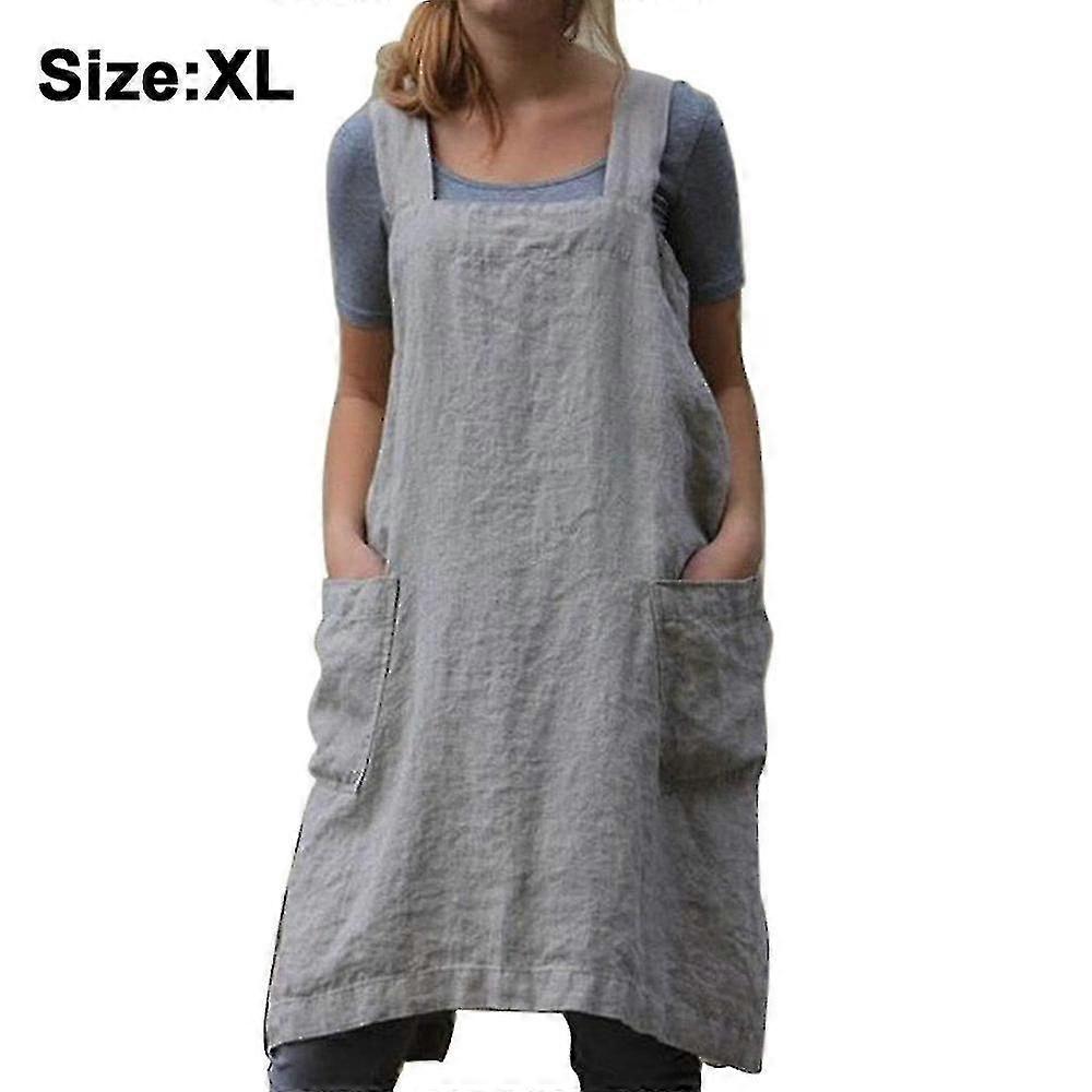 女性のための緩い家庭用服コットンリネンエプロンクロスバックエプロンピナフォアドレスベーキングクッキングガーデニング作業