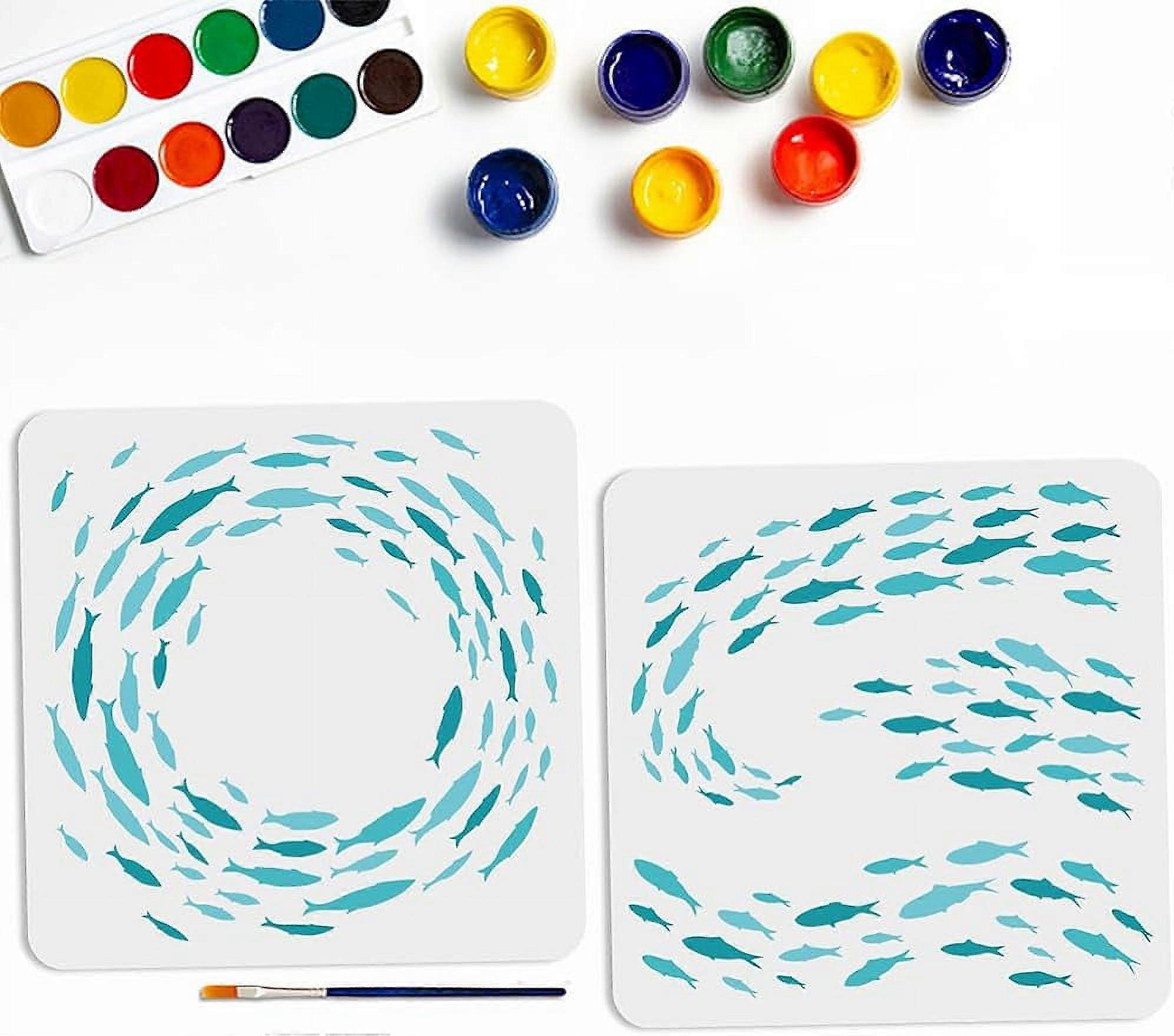 2pcs School of Fish Stencil Shoal of Fish Stencil with Paint Brush Reusable Large Ocean Theme Stencil