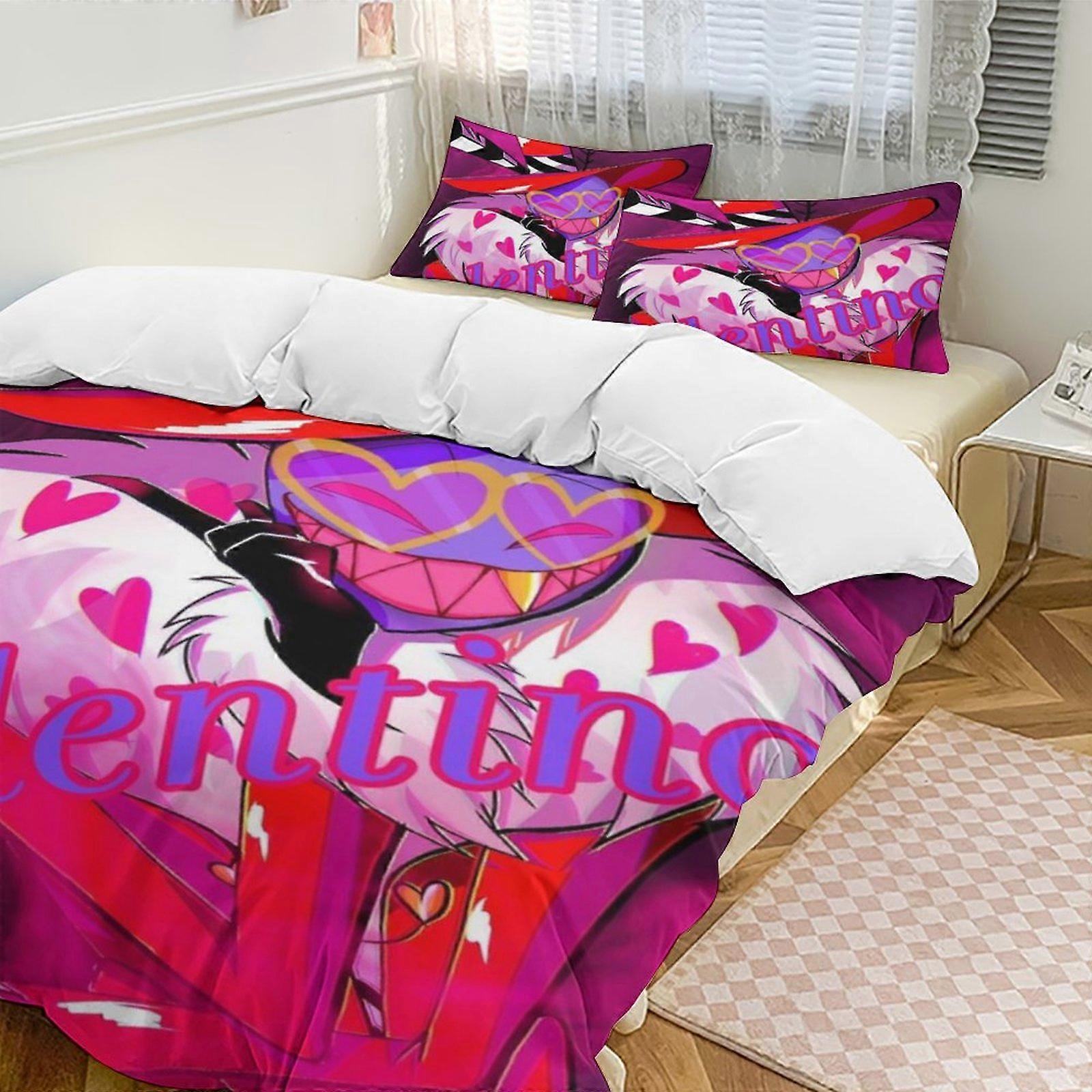 v66 Hazbin Hotel 2 Cama Capa de Edredom Microfibra Conjuntos de Cama Leve 3 Peças Conjuntos de Edredom, 1 Capa de Edredom e 2 Fronhas para Crianças aa66
