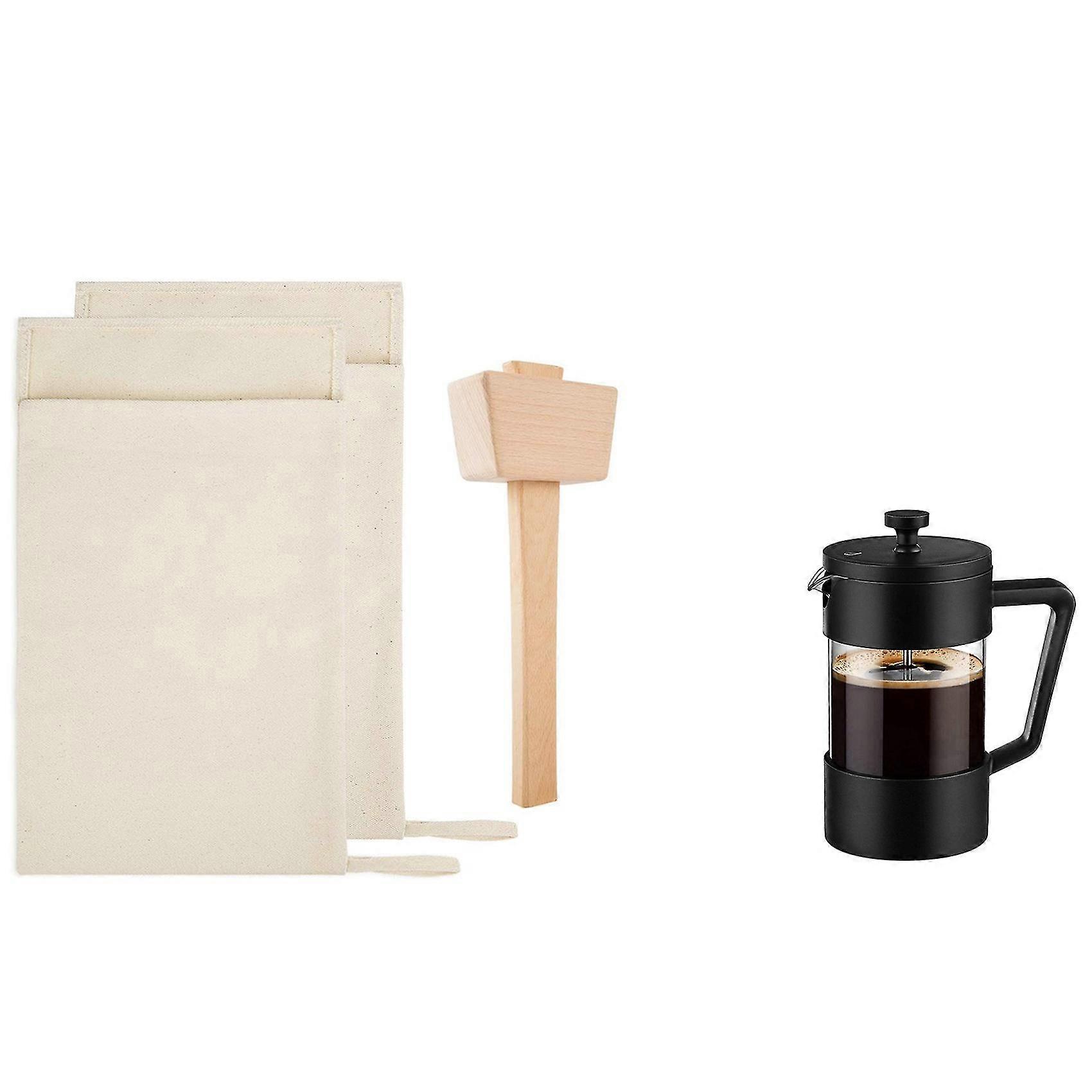 1 Set Ice Mallet Set-reusable Canvas Crushed Ice Bags With Wooden Mallet & 1 Pcs French Press Coffe
