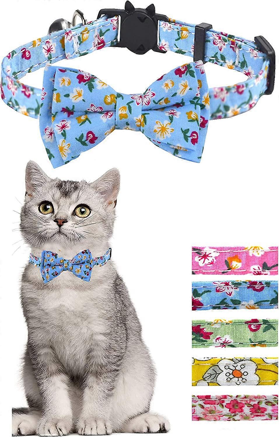 Cat Collar with Bow Tie and Bell Blue Floral Pattern