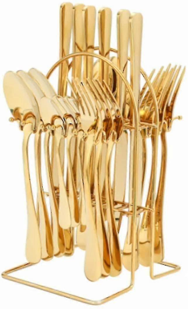 Ensemble de couverts en or - Ensemble d’argenterie en or en acier inoxydable poli - Ensemble de couverts de 24 pièces - Plus comprend un support à couverts en or - Lave-vaisselle