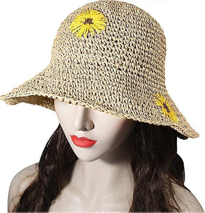 Women's Summer Straw Hat Foldable Wide Brim With Sunflower Pattern