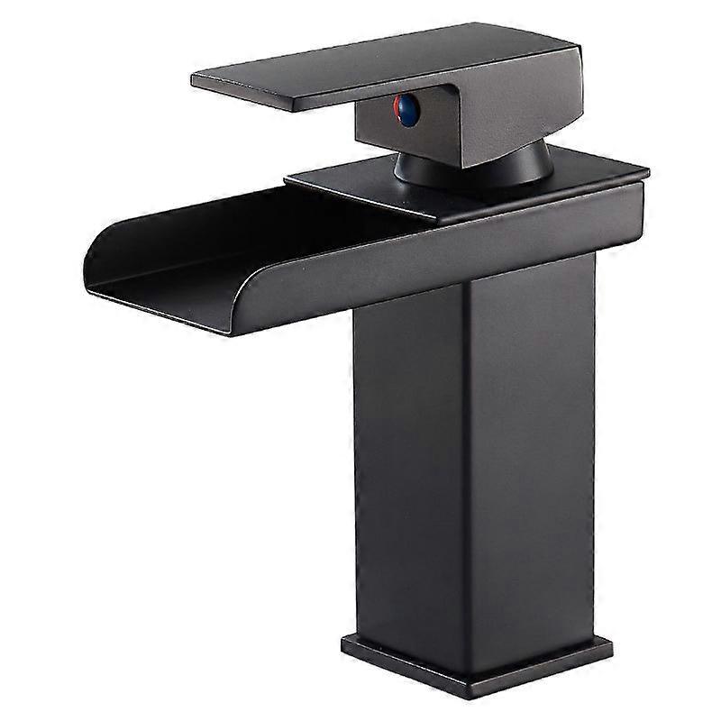Black Matte Black Waterfall Bathroom Faucet, Single Handle Brass Basin Faucet with Cold & Hot Water Available, Ceramic Valve, Concave Waterfall Design